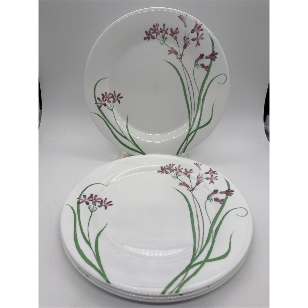 Set/4 Martha Stewart Everday dinner plates purple wildflowers thin leaves France